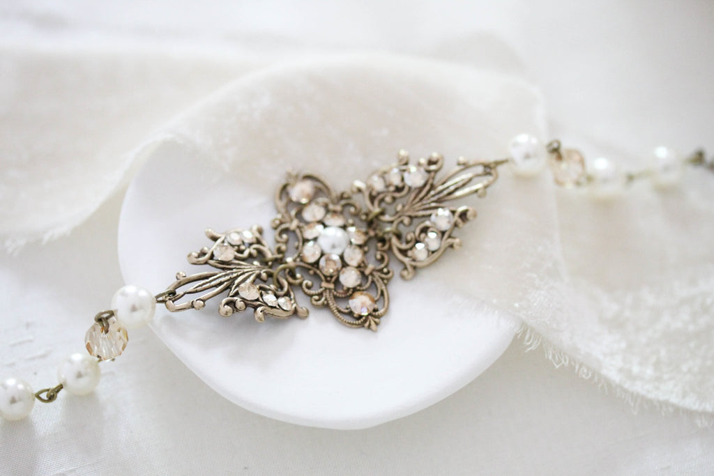 Antique gold filigree Bridal bracelet with Premium European crystals and pearls - Treasures by Agnes