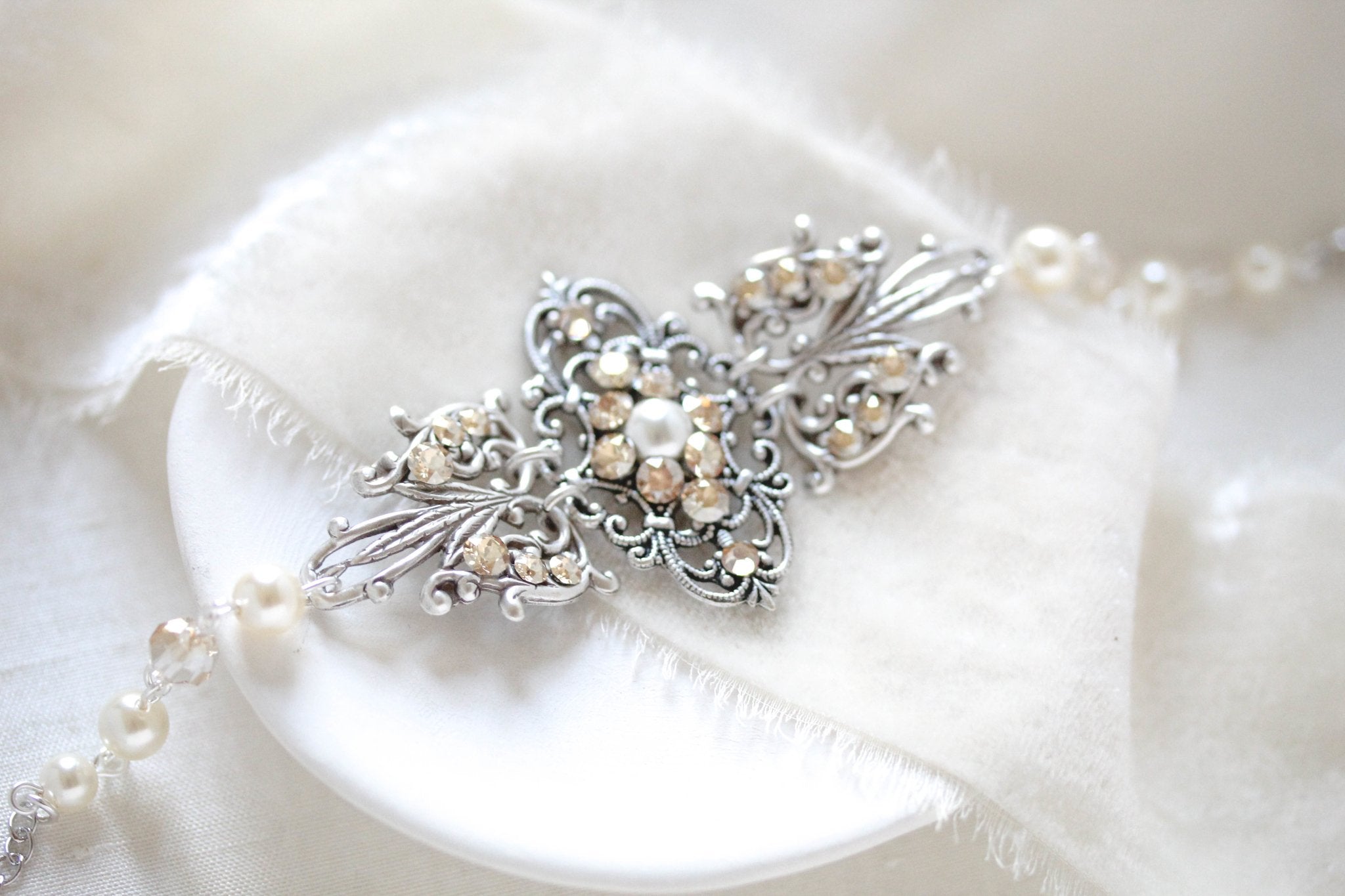 Antique gold filigree Bridal bracelet with Premium European crystals and pearls - Treasures by Agnes