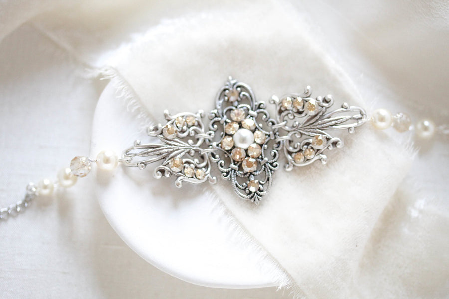 Antique gold filigree Bridal bracelet with Premium European crystals and pearls - Treasures by Agnes