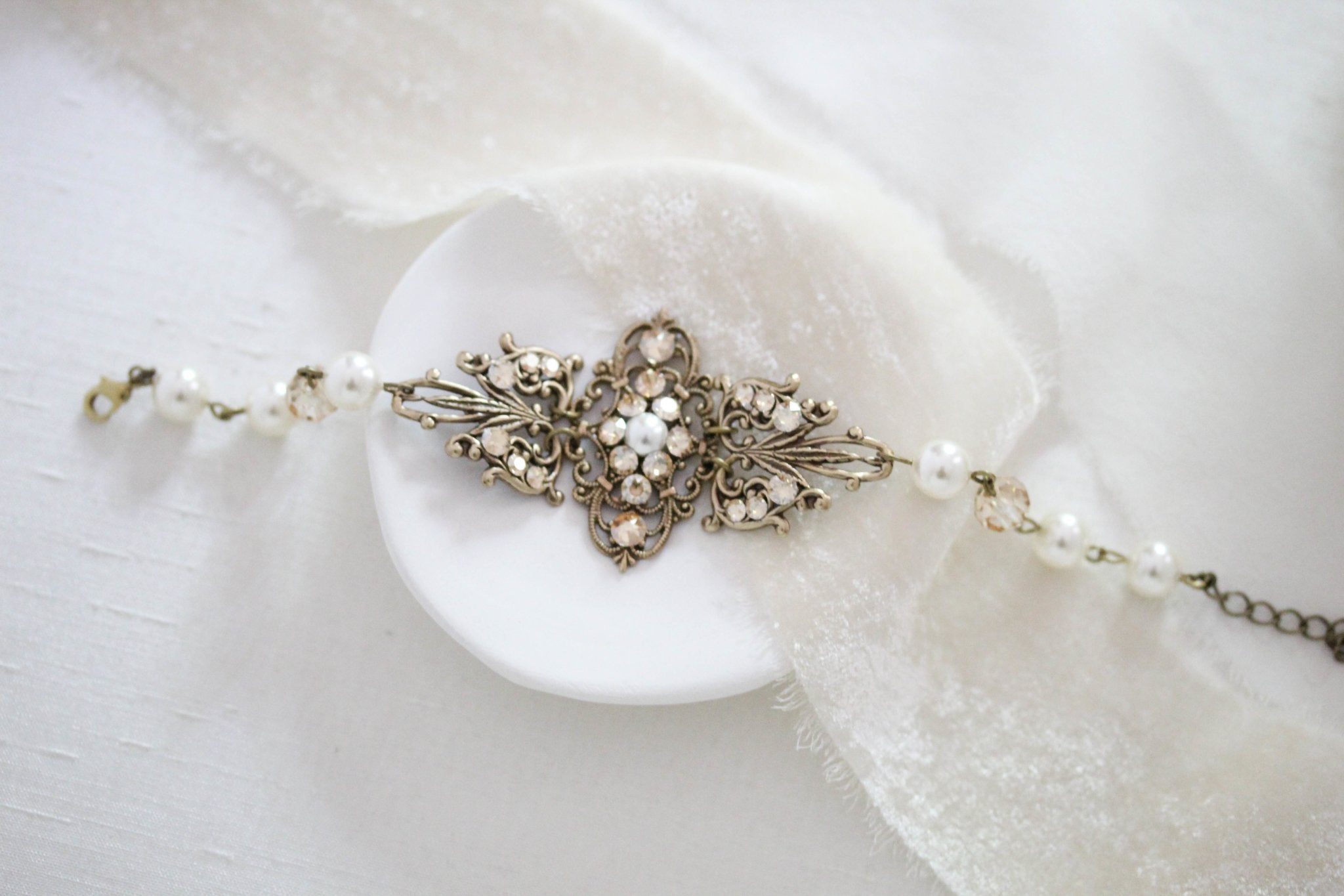 Antique gold filigree Bridal bracelet with Premium European crystals and pearls - Treasures by Agnes