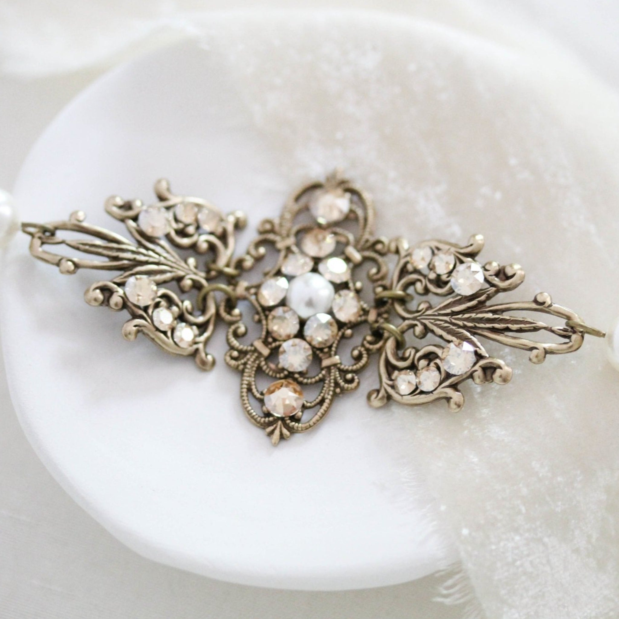 Antique gold filigree Bridal bracelet with Premium European crystals and pearls - Treasures by Agnes