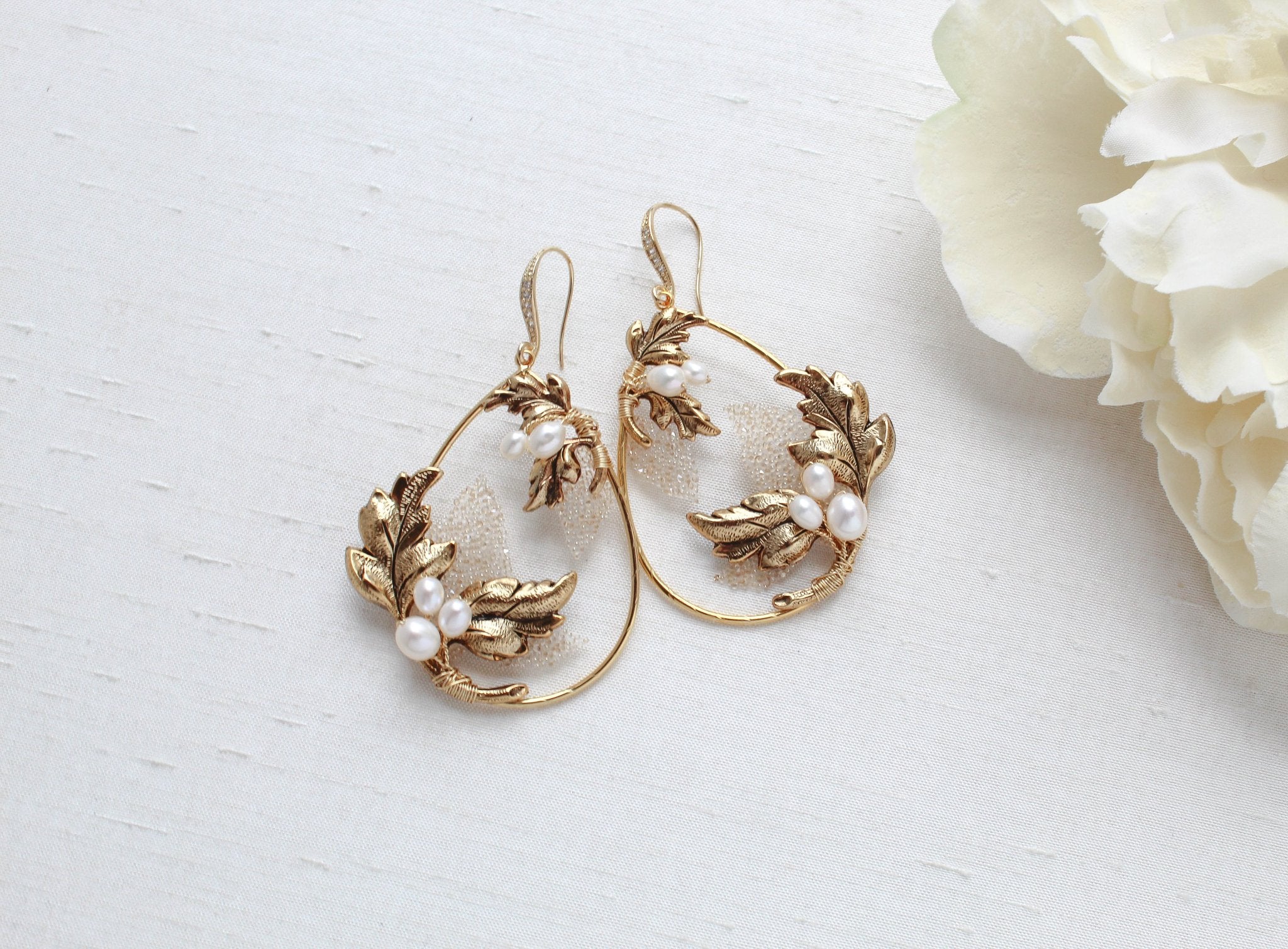 Antique gold floral hoop Bridal statement earrings - BROOKLYN - Treasures by Agnes