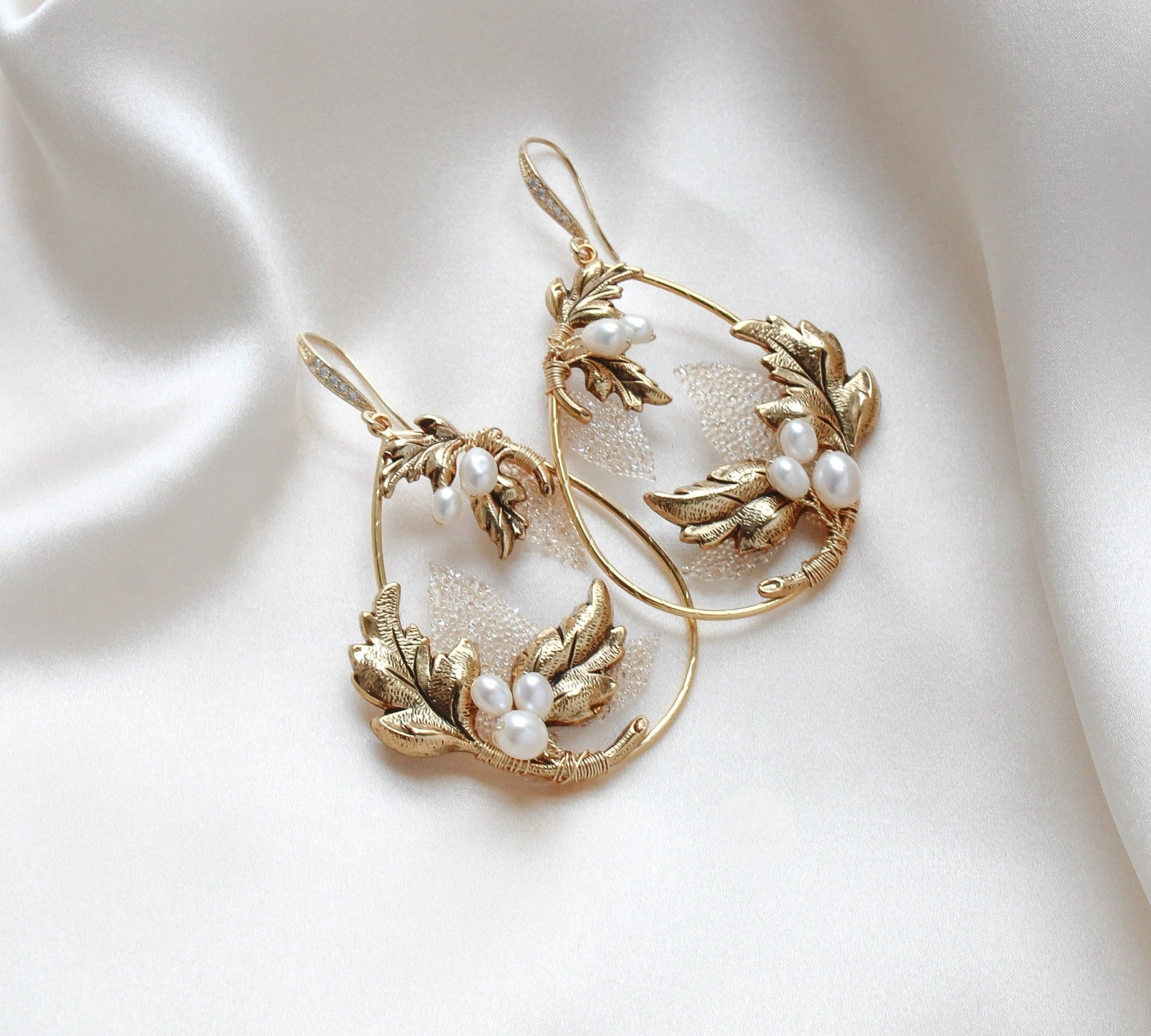 Antique gold floral hoop Bridal statement earrings - BROOKLYN - Treasures by Agnes