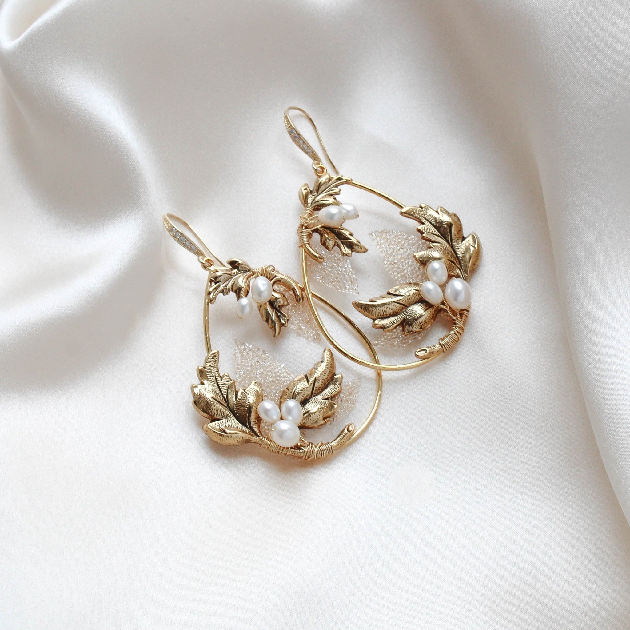 Antique gold floral hoop Bridal statement earrings - BROOKLYN - Treasures by Agnes