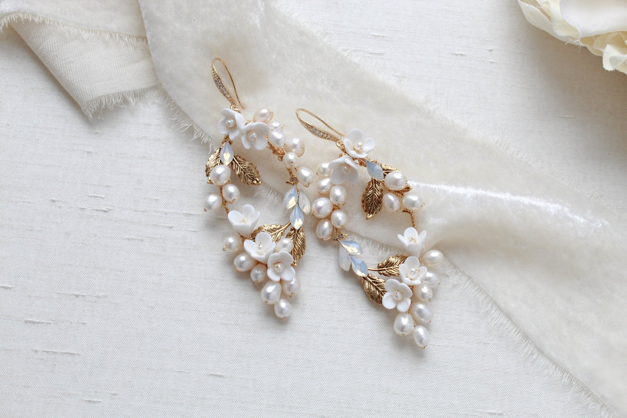 Antique gold Floral statement Wedding earrings - ARIEL - Treasures by Agnes