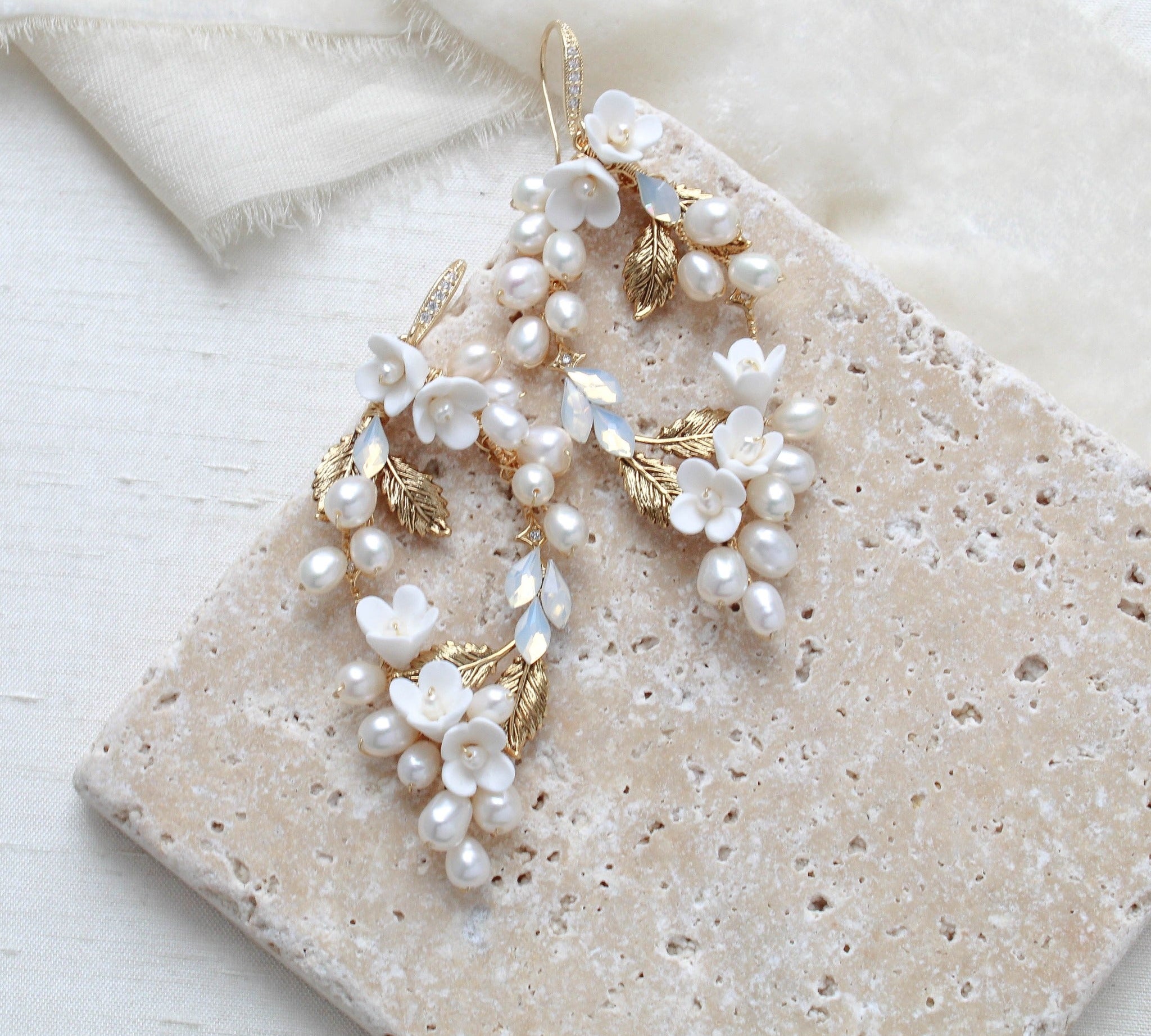 Antique gold Floral statement Wedding earrings - ARIEL - Treasures by Agnes