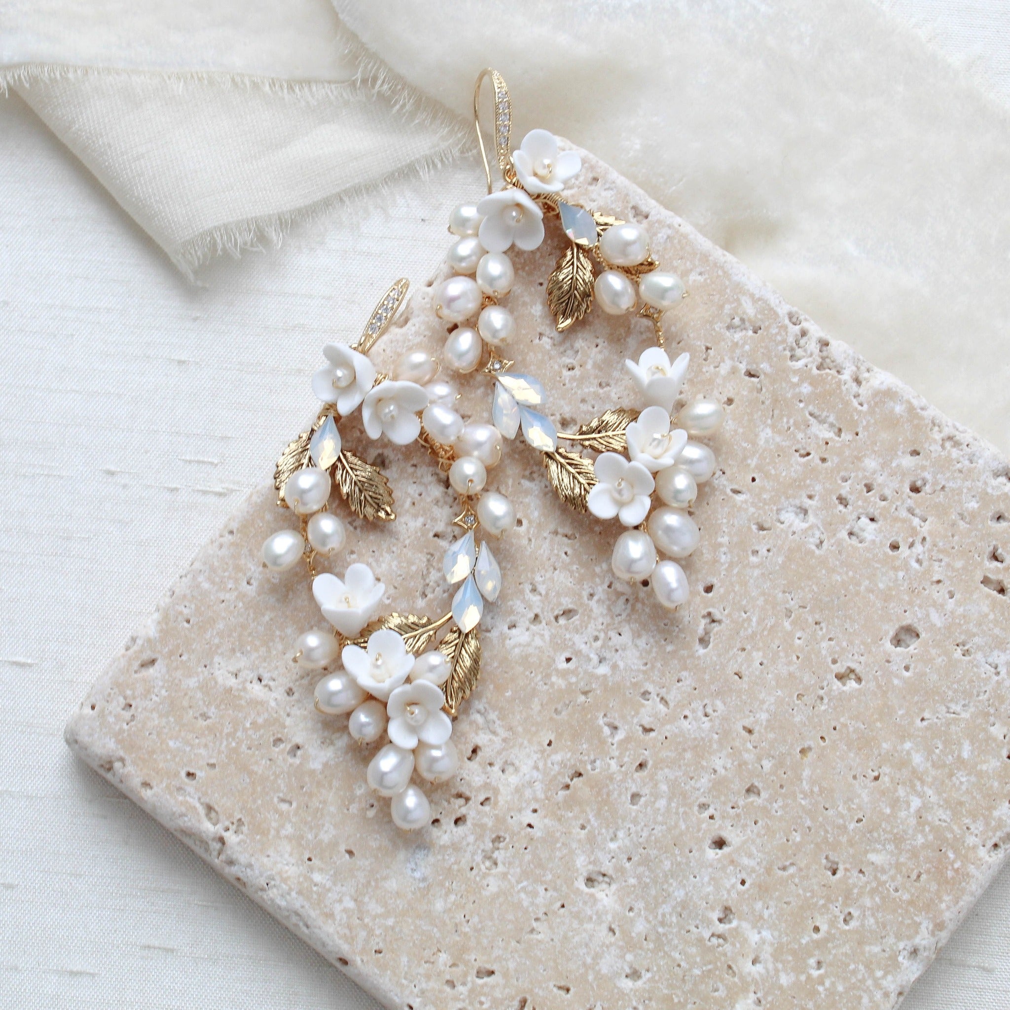 Antique gold Floral statement Wedding earrings - ARIEL - Treasures by Agnes