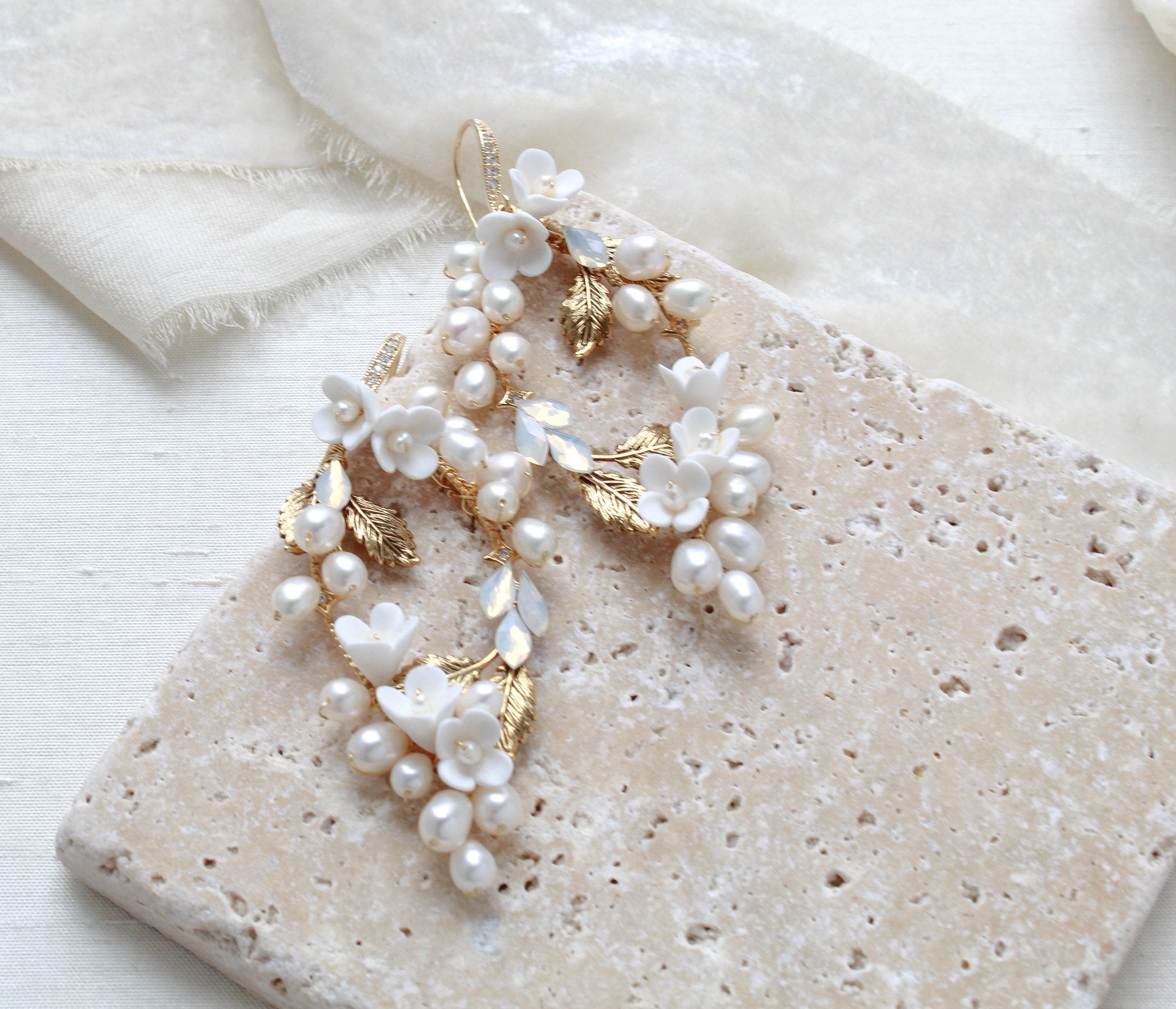 Antique gold Floral statement Wedding earrings - ARIEL - Treasures by Agnes