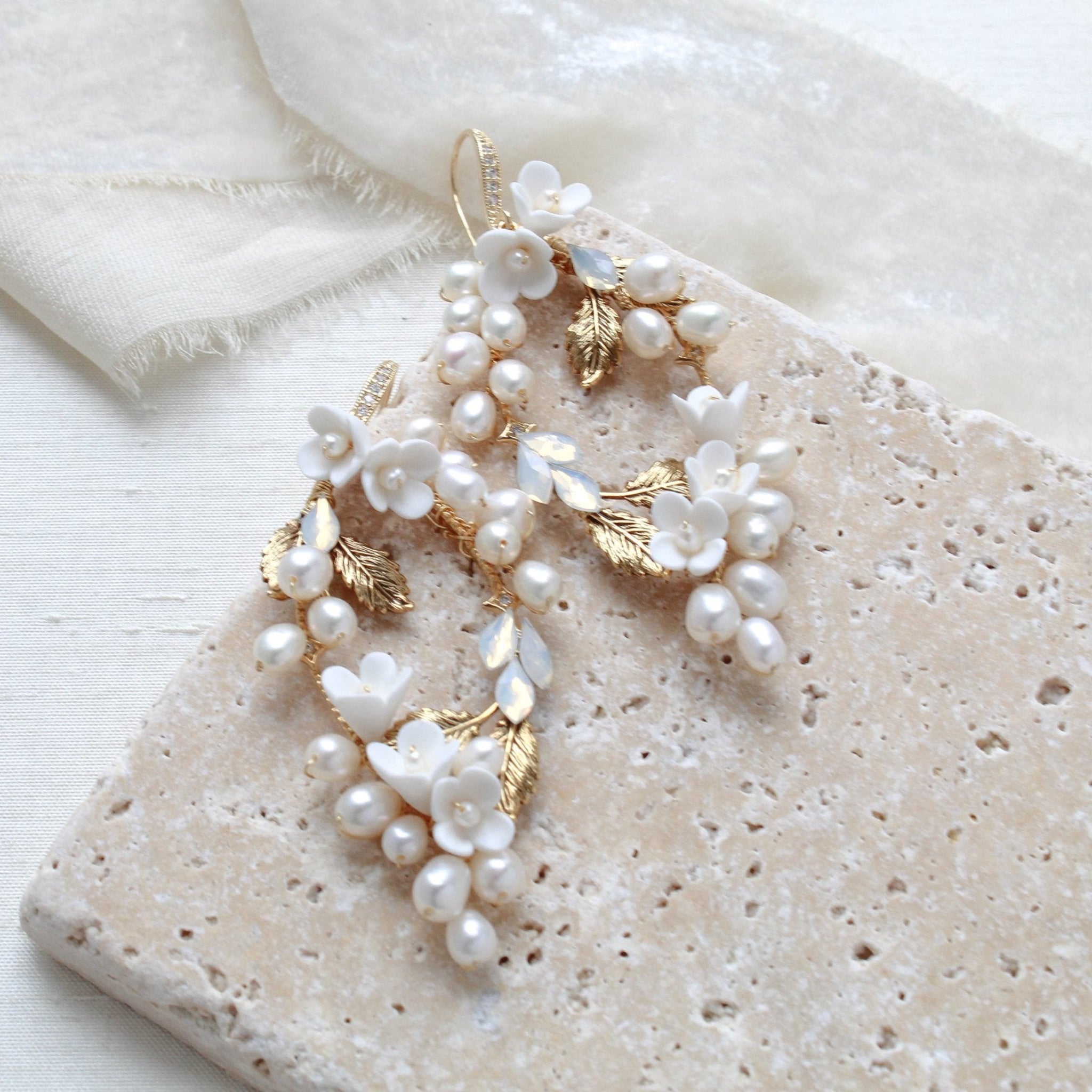 Antique gold Floral statement Wedding earrings - ARIEL - Treasures by Agnes