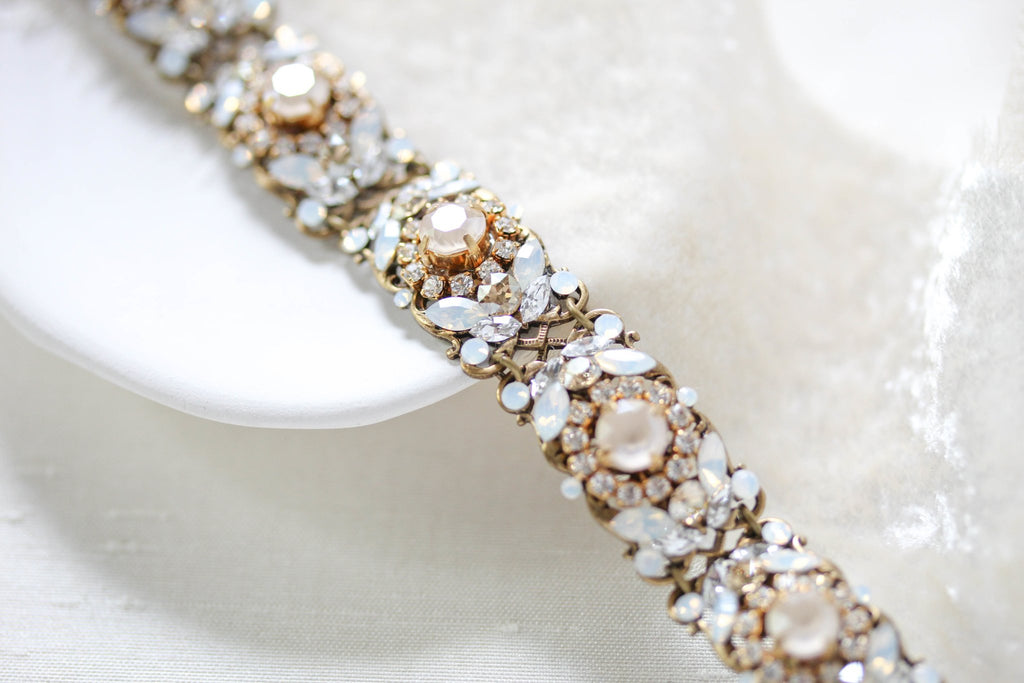 Vintage inspired antique gold bridal bracelet for wedding with Austrian crystals - KAYLEE
