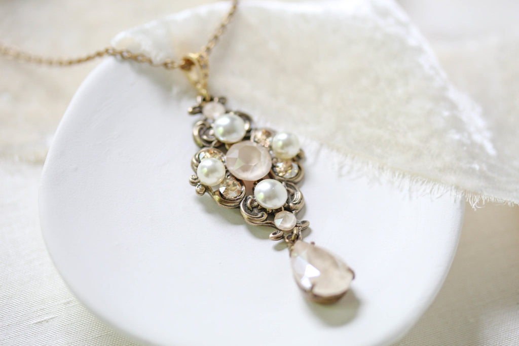 Antique gold Ivory cream Crystal Bridal necklace - ASHLYN - Treasures by Agnes