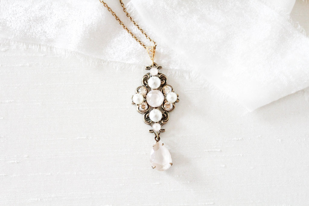 Antique gold Ivory cream Crystal Bridal necklace - ASHLYN - Treasures by Agnes