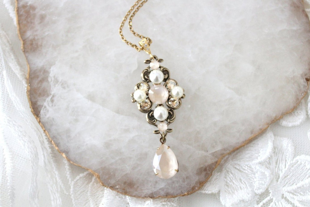 Antique gold Ivory cream Crystal Bridal necklace - ASHLYN - Treasures by Agnes