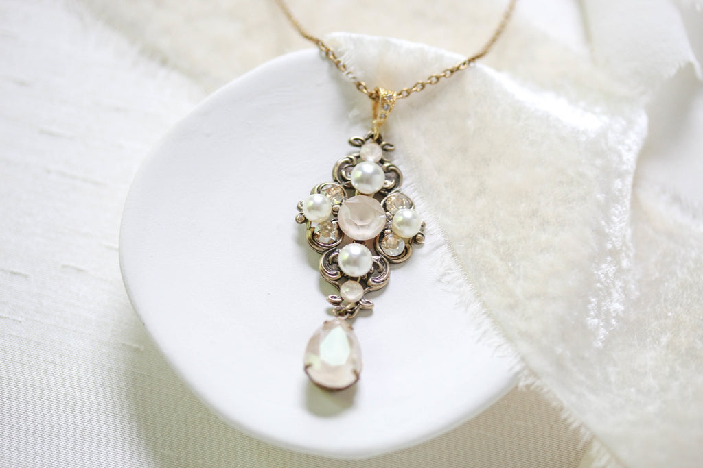 Antique gold Ivory cream Crystal Bridal necklace - ASHLYN - Treasures by Agnes