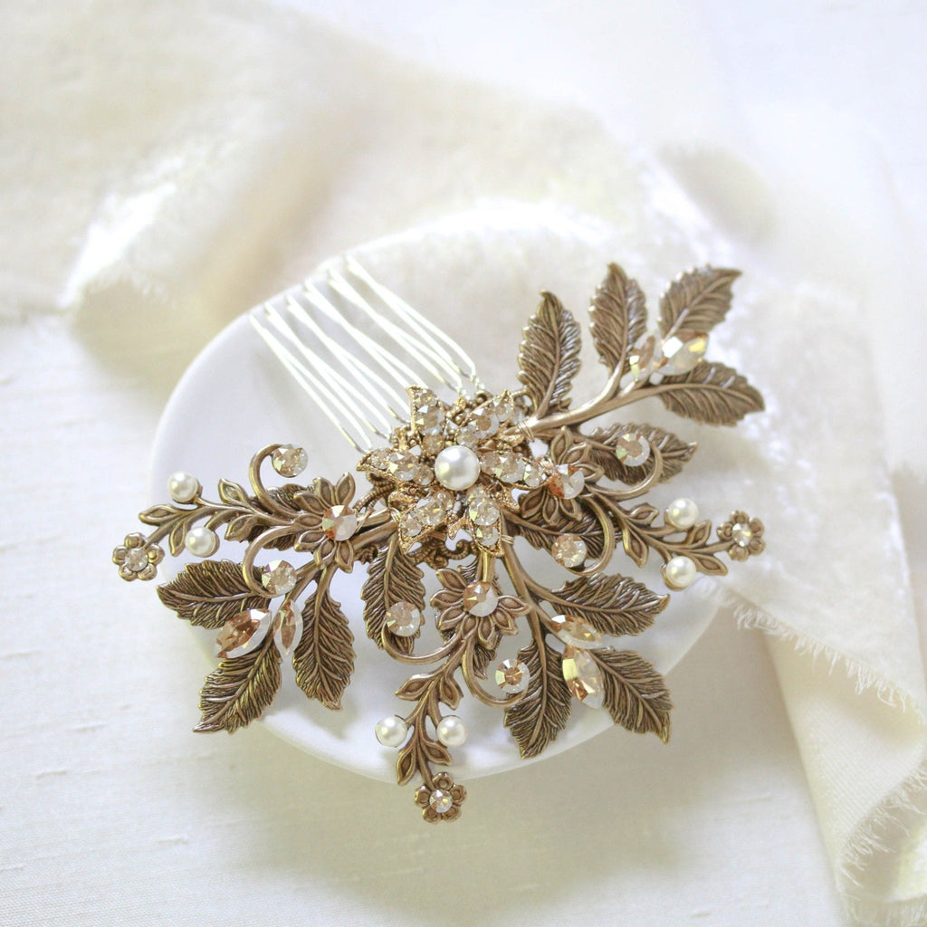 Antique gold leaf hair accessory with golden crystals - Treasures by Agnes