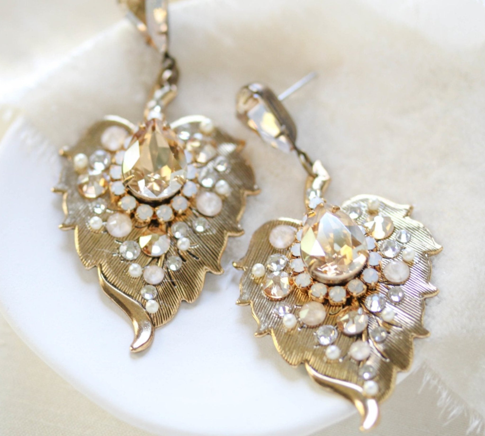 Antique Gold Floral Bridal earrings with Austrian crystals - AMBER