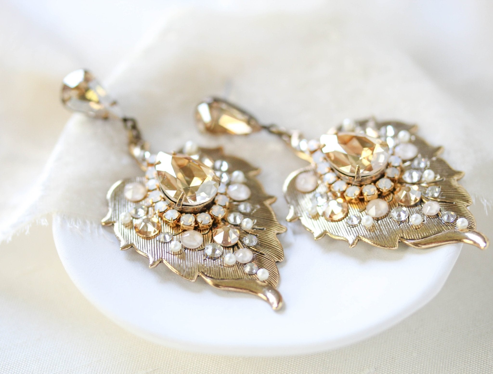 Antique Gold Floral Bridal earrings with Austrian crystals - AMBER