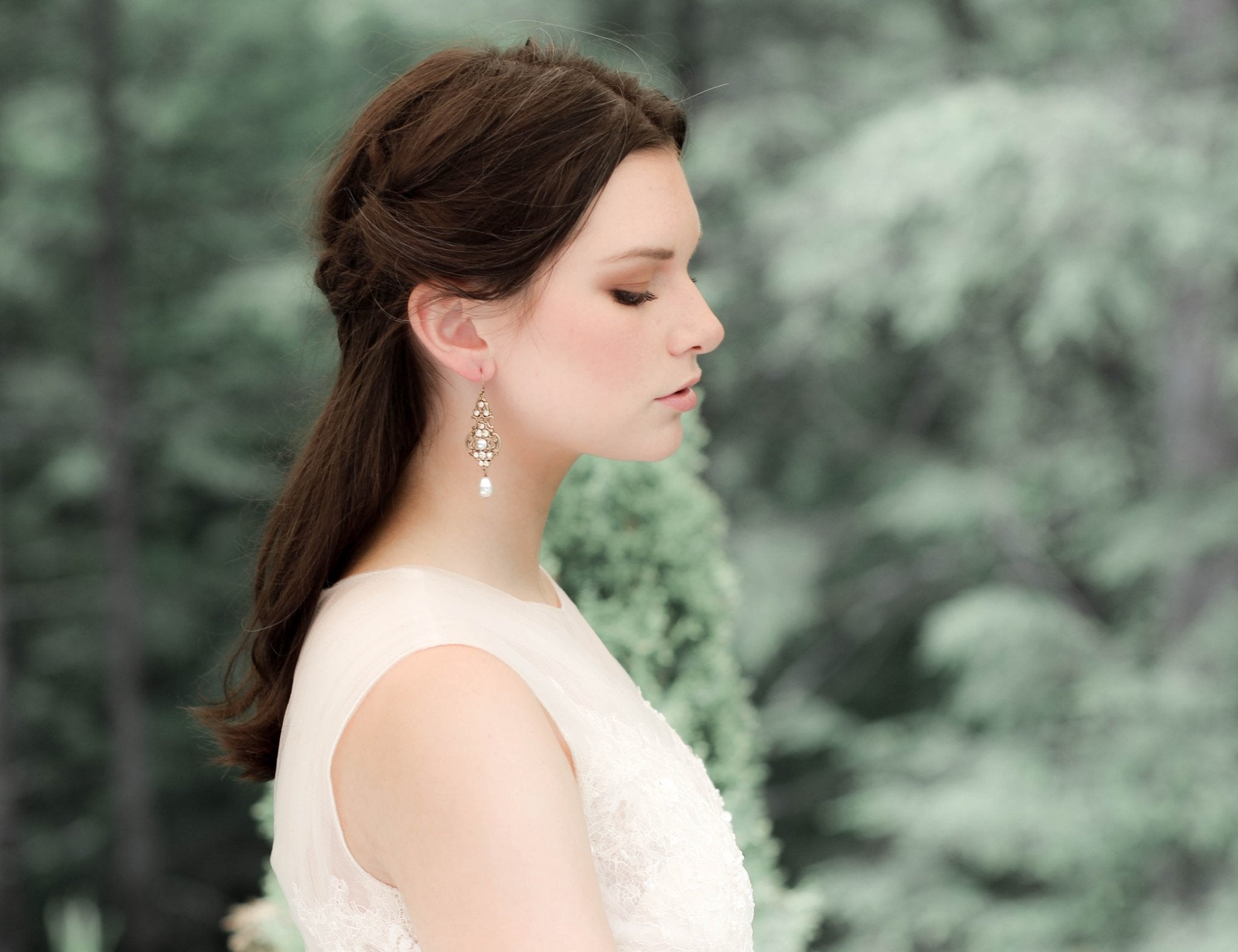 Antique gold pearl drop and crystal golden shadow bridal earrings - Treasures by Agnes