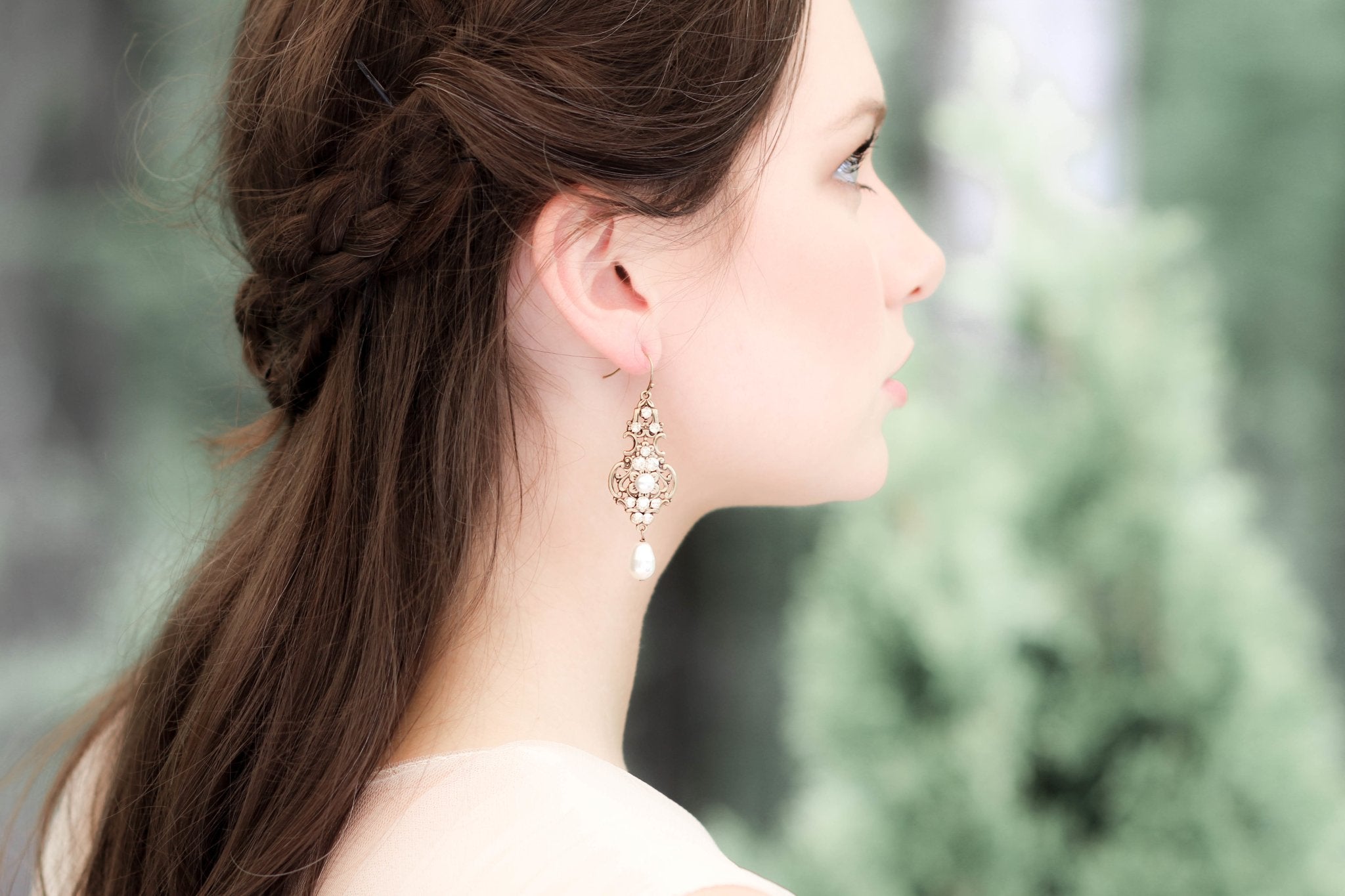 Antique gold pearl drop and crystal golden shadow bridal earrings - Treasures by Agnes