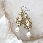 Antique gold pearl drop and crystal golden shadow bridal earrings - Treasures by Agnes