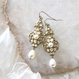 Antique gold pearl drop and crystal golden shadow bridal earrings - Treasures by Agnes