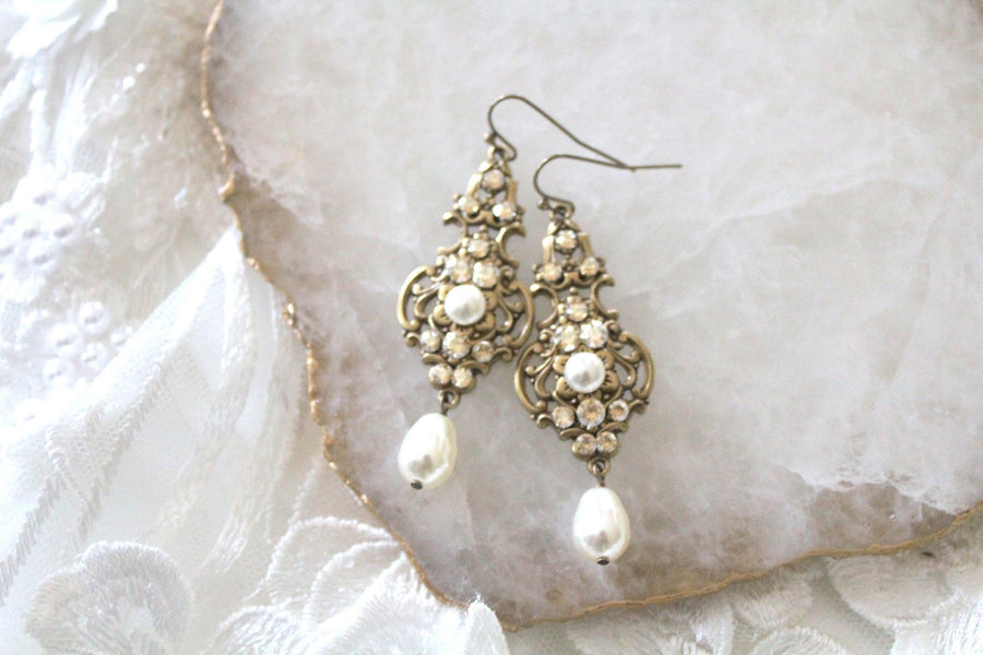 Antique gold pearl drop and crystal golden shadow bridal earrings - Treasures by Agnes