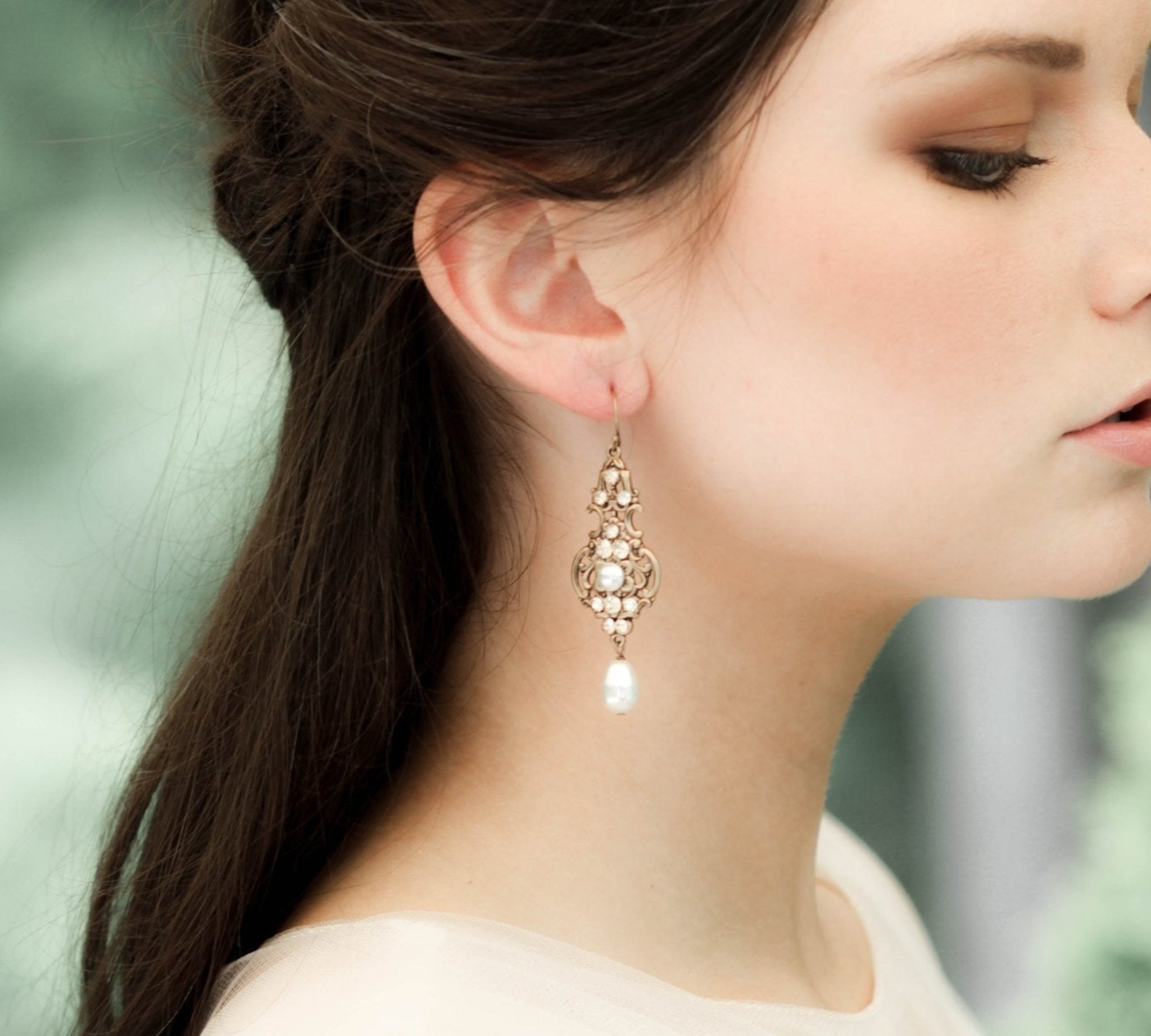 Antique gold pearl drop and crystal golden shadow bridal earrings - Treasures by Agnes