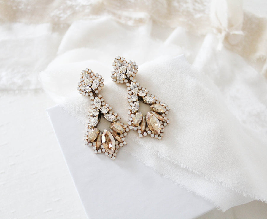 Antique gold statement bridal earrings with Austrian crystals in modern vintage style - ALANA - Treasures by Agnes