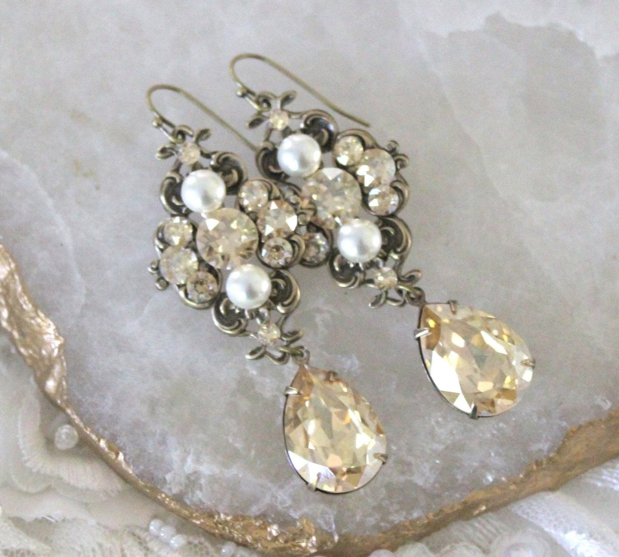 Antique gold Vintage style Chandelier earrings - ASHLYN - Treasures by Agnes