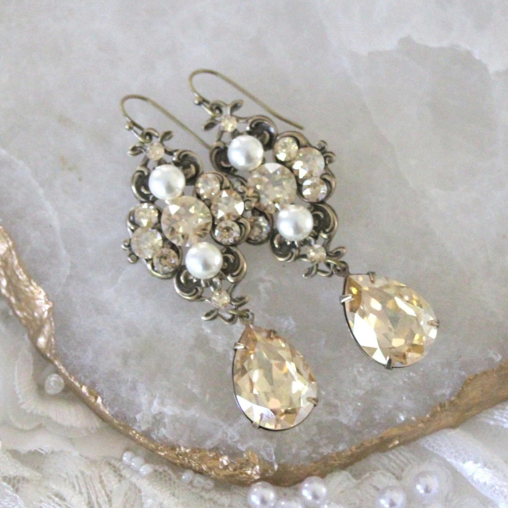 Antique gold Vintage style Chandelier earrings - ASHLYN - Treasures by Agnes