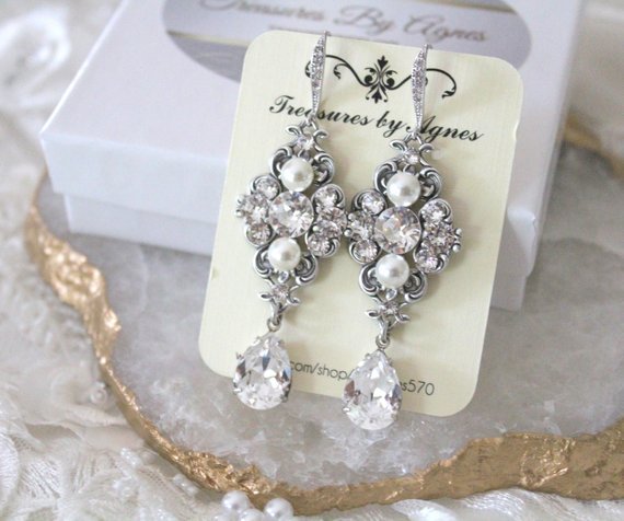 thumbnail image 2 of Vintage Style Clip-On Chandelier Earrings - Antique Silver/Gold Brass With Crystal Beads 2 of 13