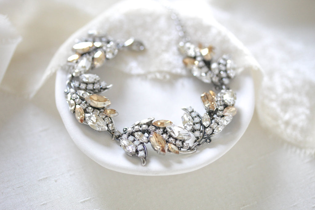 Antique gold Floral Bridal bracelet with Austrian crystals- EMERY