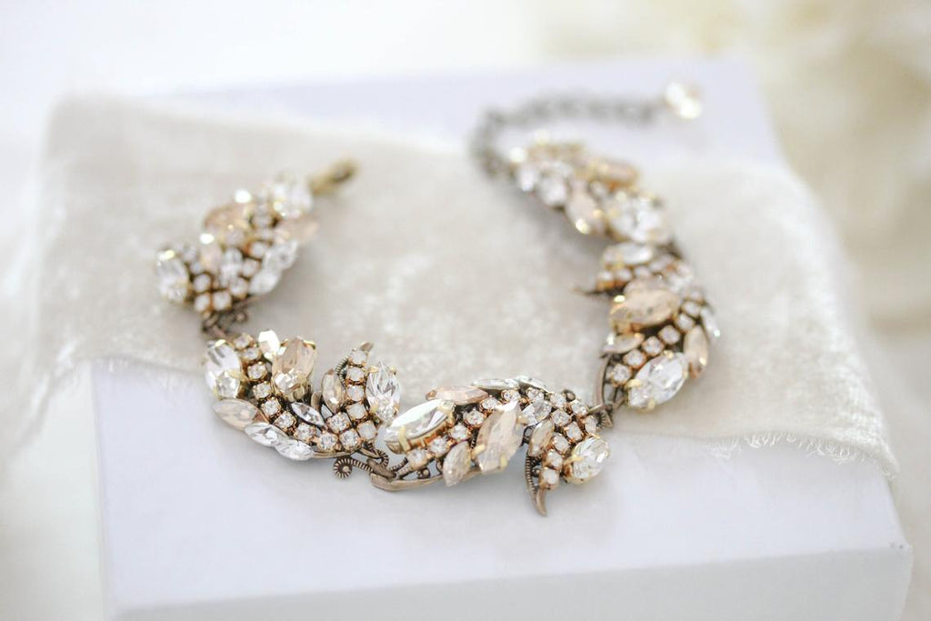 Antique gold Floral Bridal bracelet with Austrian crystals- EMERY