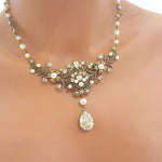 Antique gold Wedding necklace with Crystals and pearls - ASHLYN - Treasures by Agnes
