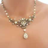 Antique gold Wedding necklace with Crystals and pearls - ASHLYN - Treasures by Agnes