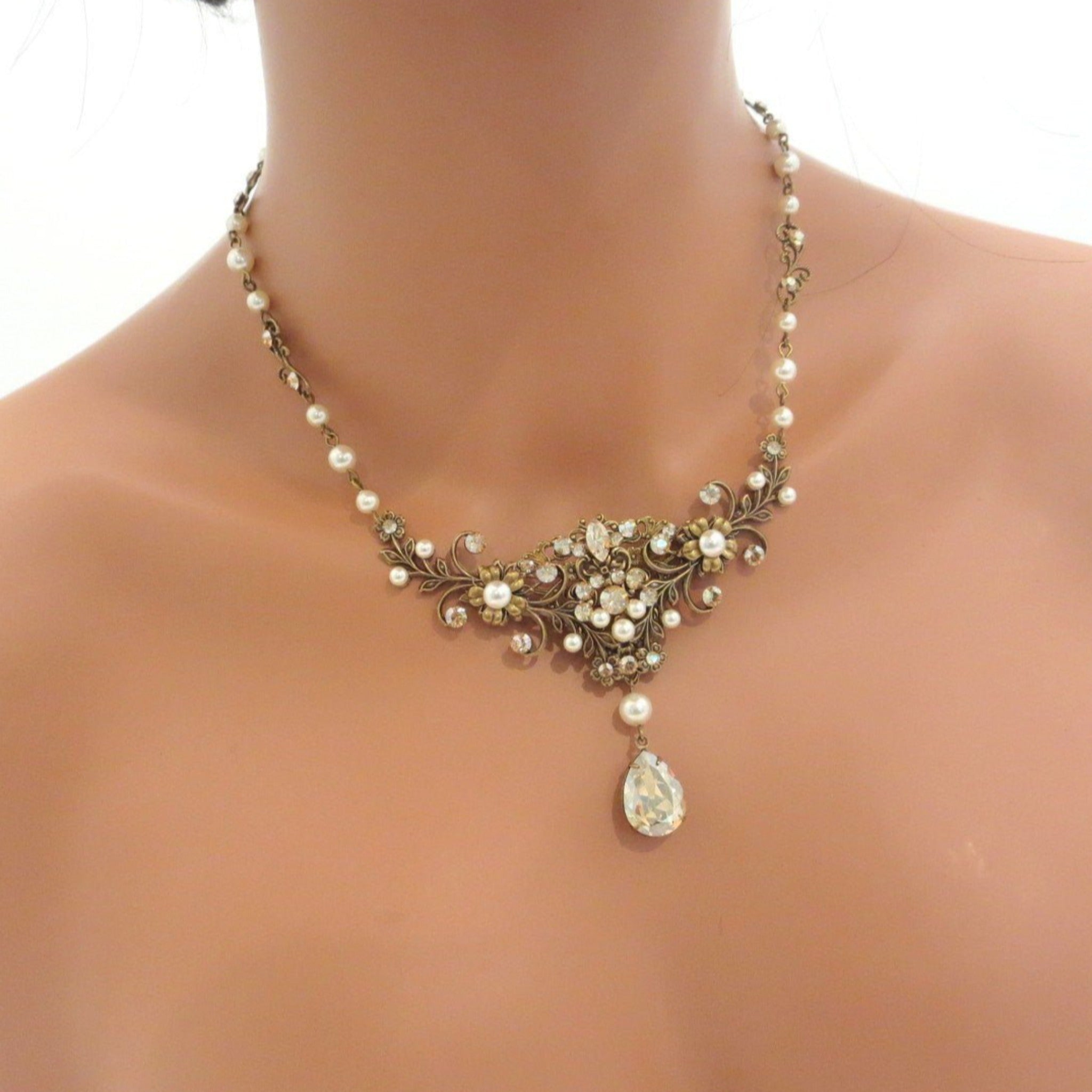 Antique gold Wedding necklace with Crystals and pearls - ASHLYN - Treasures by Agnes