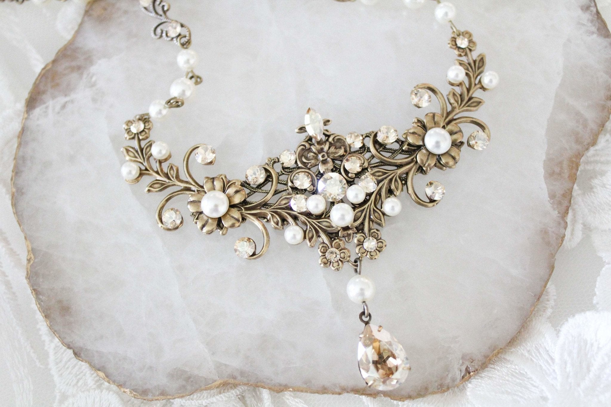 Antique gold Wedding necklace with Crystals and pearls - ASHLYN - Treasures by Agnes