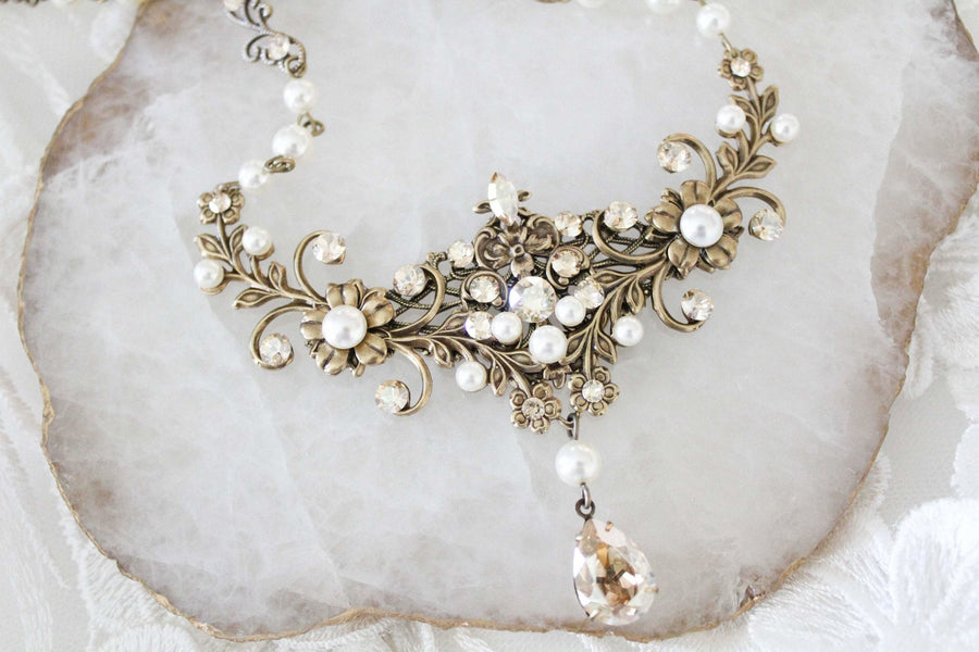 Antique gold Wedding necklace with Crystals and pearls - ASHLYN - Treasures by Agnes
