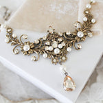 Antique gold Wedding necklace with Crystals and pearls - ASHLYN - Treasures by Agnes