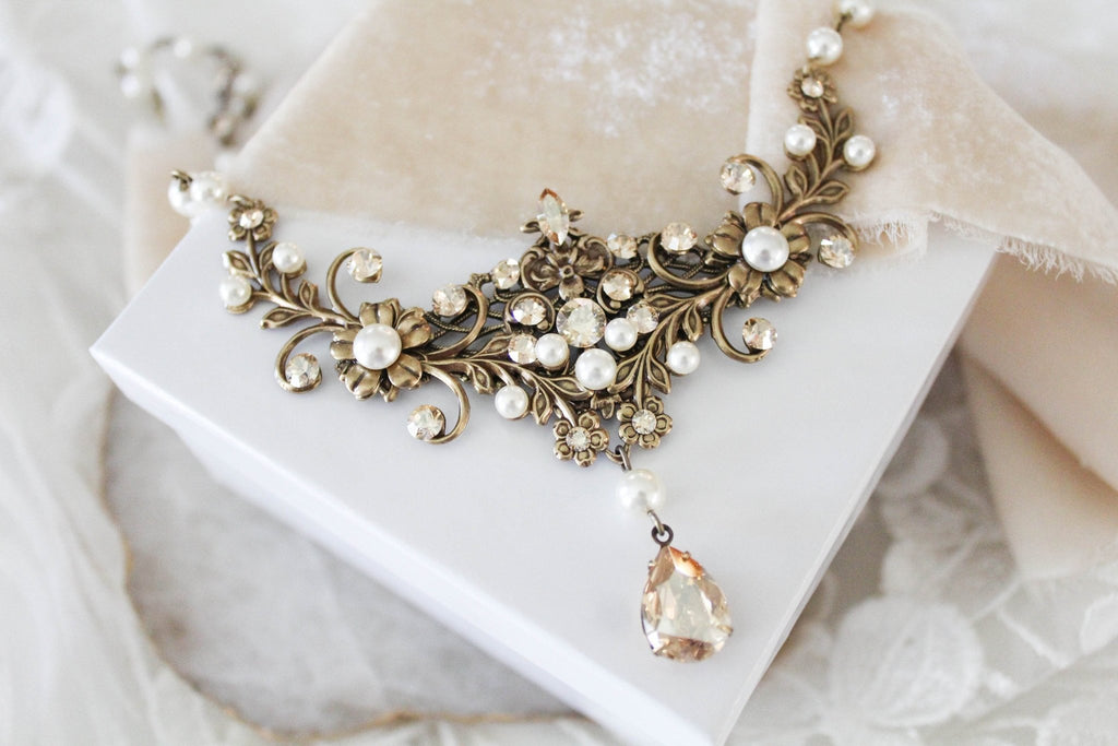 Antique gold Wedding necklace with Crystals and pearls - ASHLYN - Treasures by Agnes