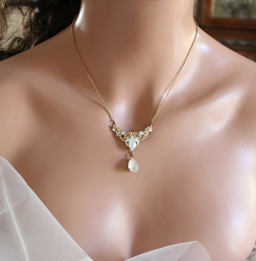 Antique gold White opal and Ivory cream Bridal necklace - SARAH - Treasures by Agnes