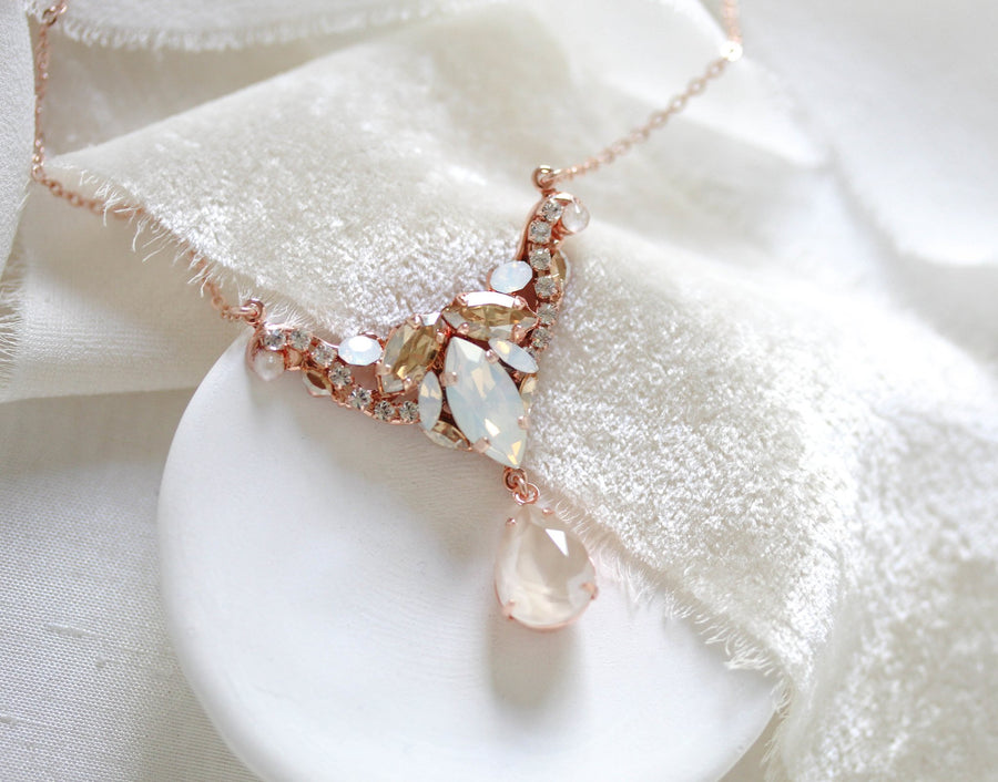 Antique gold White opal and Ivory cream Bridal necklace - SARAH - Treasures by Agnes