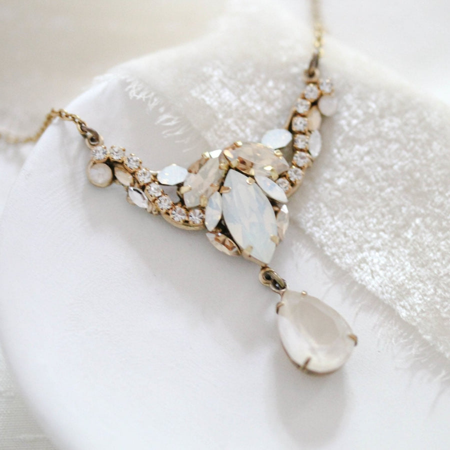 Antique gold White opal and Ivory cream Bridal necklace - SARAH - Treasures by Agnes