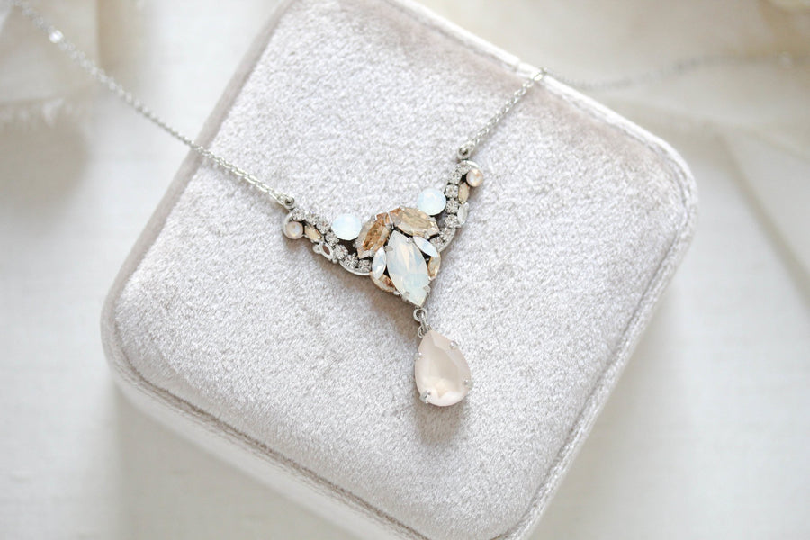 Antique gold White opal and Ivory cream Bridal necklace - SARAH - Treasures by Agnes
