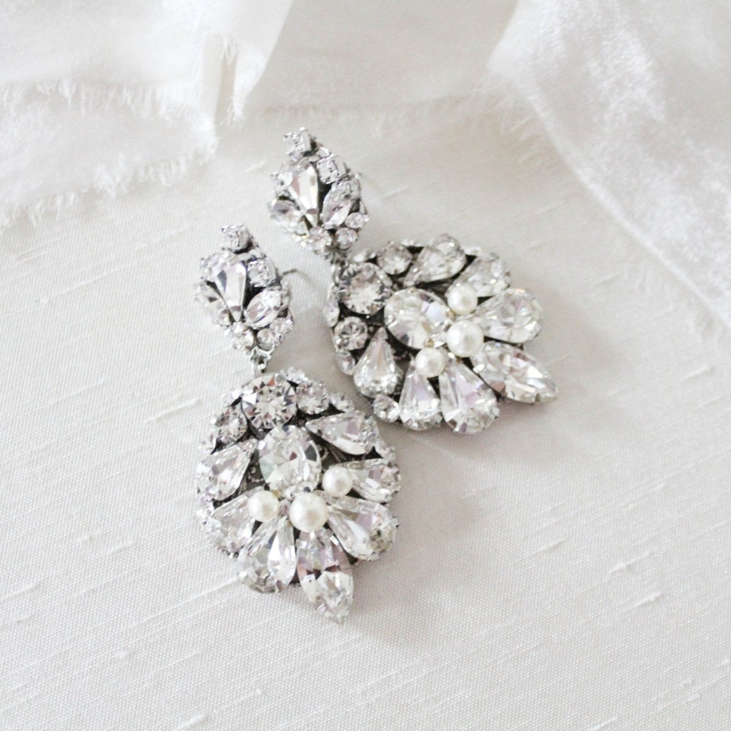 Antique silver bridal chandelier earrings with Austrian crystals - BELLA - Treasures by Agnes