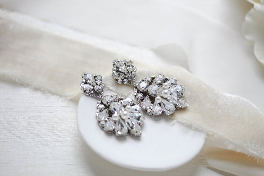 Antique silver bridal chandelier earrings with Austrian crystals - BELLA - Treasures by Agnes