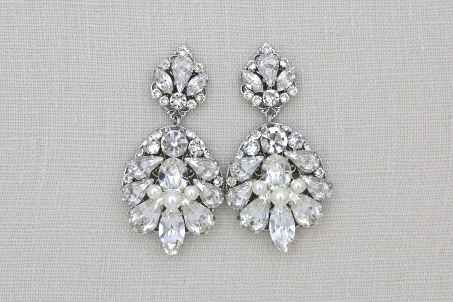 Antique silver bridal chandelier earrings with Austrian crystals - BELLA - Treasures by Agnes