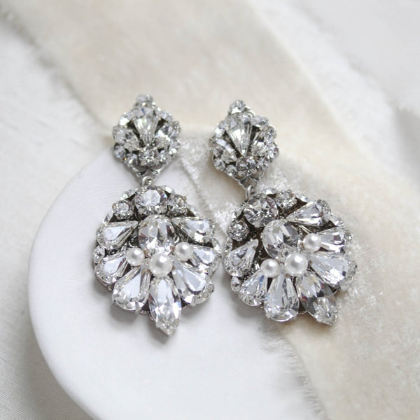 Antique silver bridal chandelier earrings with Austrian crystals - BELLA - Treasures by Agnes