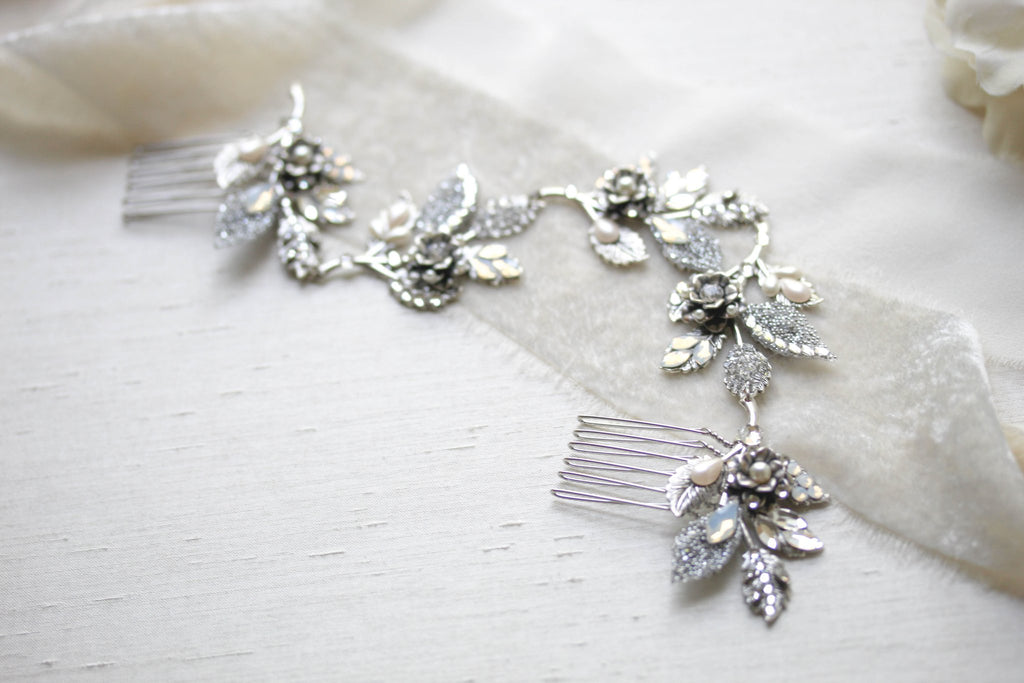 Antique silver Bridal hair vine with crystal leaves - ELENA - Treasures by Agnes