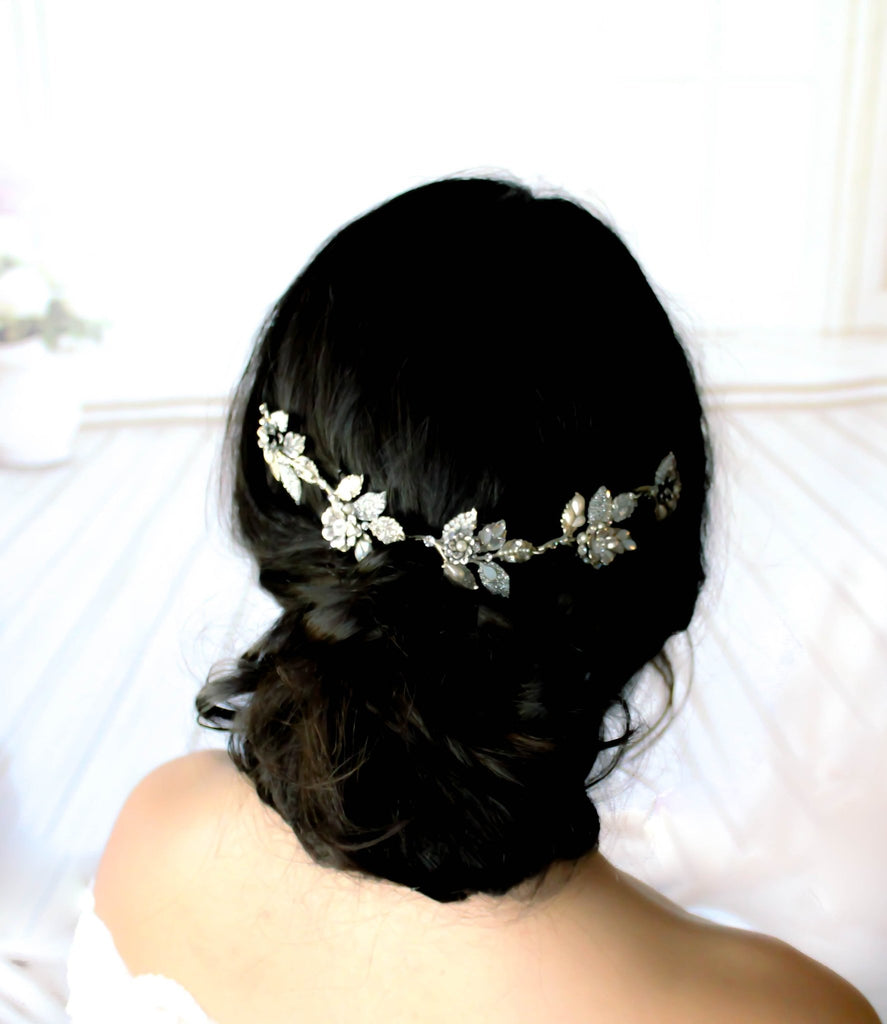 Antique silver Bridal hair vine with crystal leaves - ELENA - Treasures by Agnes